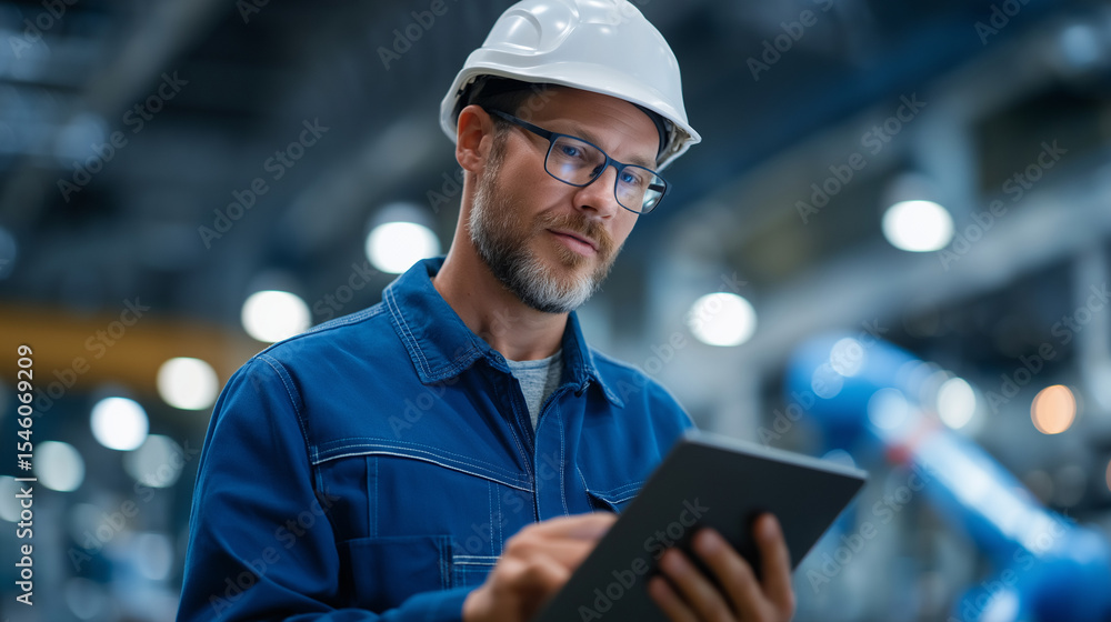 Poster engineer using robotic arm in smart industry factory