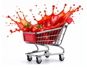 Tomato Splash in Shopping Cart Fresh Produce Bursting with Flavor on White Background