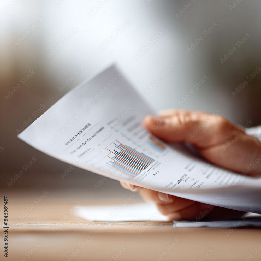 Aufkleber closeup on a hand holding a report with graphs, symbolizing data analysis and financial review. perf