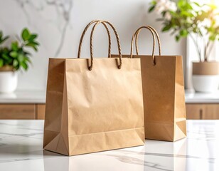 Two brown paper shopping bags on a marble countertop with floral accents
