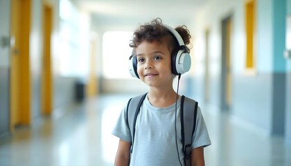 Autistic child wearing noise cancelling headphones standing in school hallway