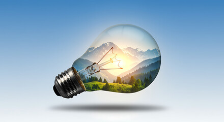 Light bulb with scenic mountains and green landscape inside  