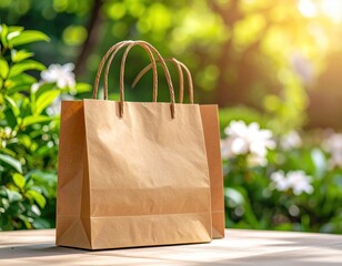 Two brown paper shopping bags on a wooden table with a blurred green floral background (1)
