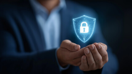 Cybersecurity Defense with Businessman and Shield in Financial Network