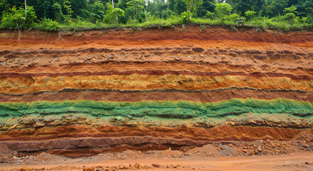A geological cross-section of an exposed laterite nickel deposit, revealing colorful layers of reddish soil and green rock.
