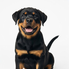 Fototapeta premium black labrador puppy. portrait of a black dog on white background. Cute smiling Rottweiler dog looking happy isolated on white background.