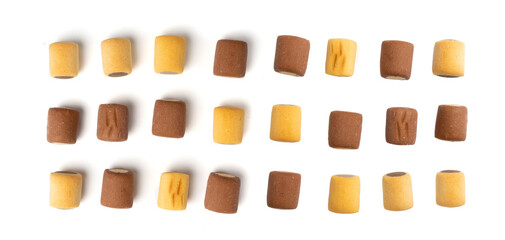 Filled dog biscuits, crackers isolated, soft crunchy pet treats pile, flavored small canine cookie