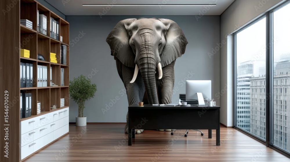 Poster large elephant is standing in front of a desk with a computer monitor and a keyboard. the elephant i
