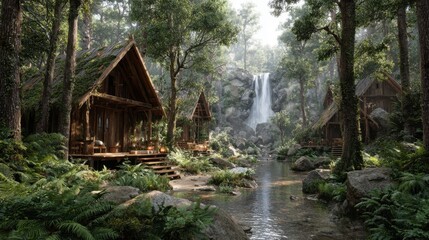 A lush forest wellness retreat, wooden cabins nestled among tall trees, people meditating near a waterfall, misty morning light
