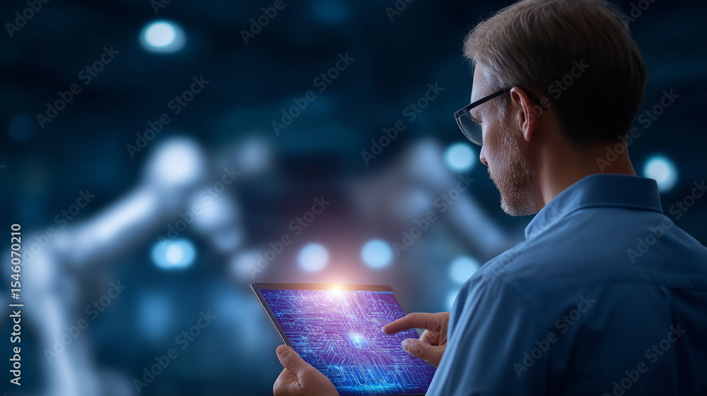 Poster engineer controlling robotic arms in smart factory environment