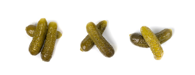 Gherkins isolated, pickled small cucumbers, tiny fermented food, little marinated canned vegetables