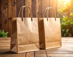 Two Brown Paper Shopping Bags on Rustic Wooden Table with Sunlight