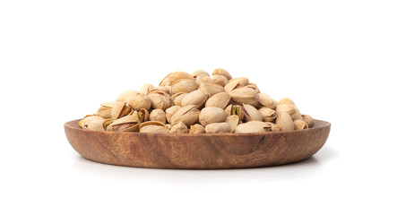 Fried salt pistachio nuts isolated. Baked pistachios pile, roasted green pistache fruit in shell on...