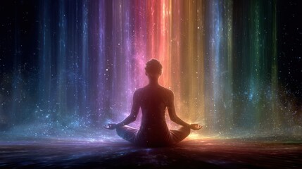 Obraz premium A spiritual chakra alignment meditation scene, person sitting in lotus pose, glowing rainbow chakra lights, cosmic background 
