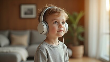 Autistic child wearing noise cancelling headphones in cozy home living room environment