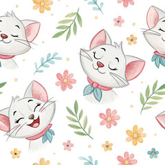 seamless watercolor pattern cats on white background	
