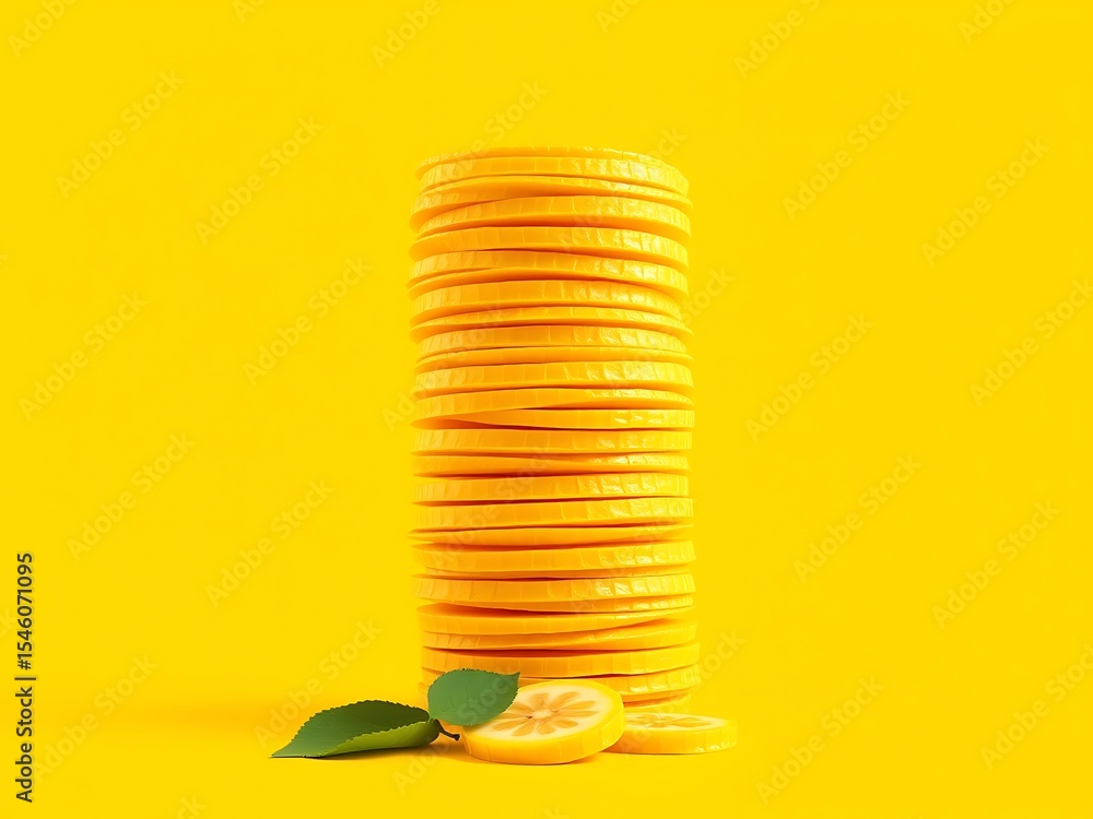 Poster stack of yellow citrus slices on yellow background with green leaves and slices image