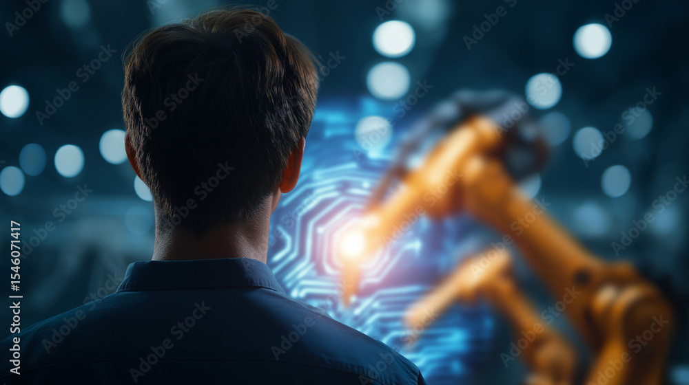 Poster engineer controlling robotic arms in a smart factory environment