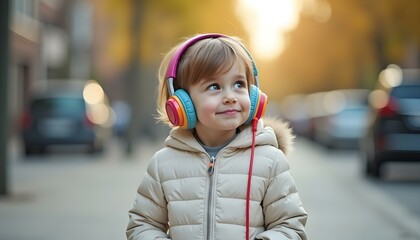 Autistic child wearing noise cancelling headphones walking in urban outdoor environment
