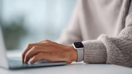 Closeup Person using laptop with smart watch. Illustrates productivity, connectivity, remote work, and modern lifestyle. Good for tech, business, or personal finance.