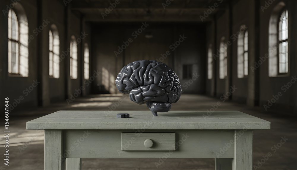 Poster a brain model with a missing piece rests on a table in a large, empty space.