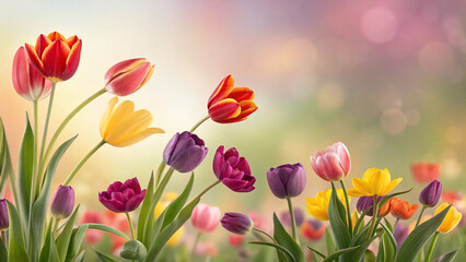 Beautiful field of colorful blooming tulips with soft bokeh background and light