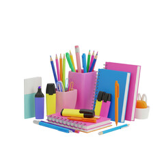 Obraz premium Organized stationery display featuring vibrant office and school supplies arrangement