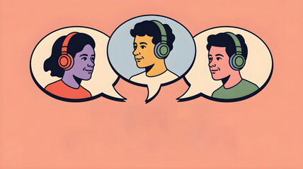 Pop art neurodiverse youth wearing headphones communicating inside speech bubbles, autism podcast logo