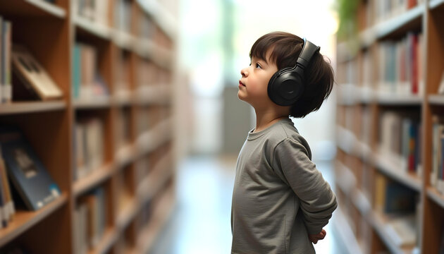 Autistic child wearing noise cancelling headphones in public library environment