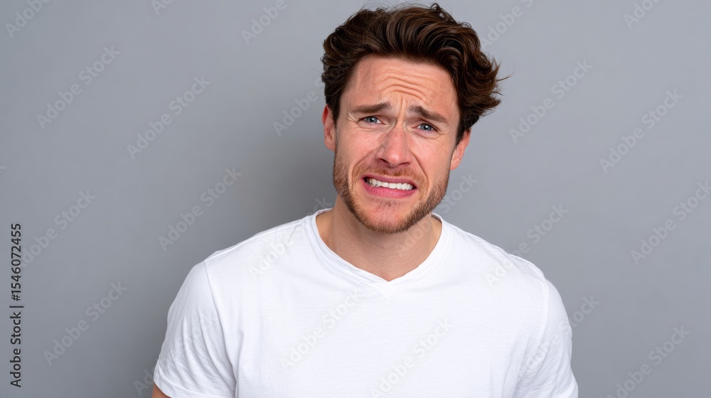 Aufkleber man with a beard and a white shirt is looking at the camera with a worried expression. he is in a st