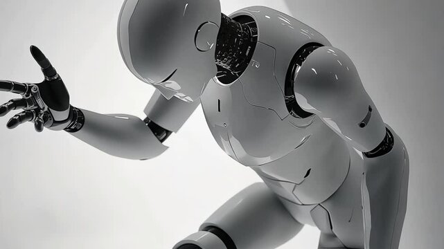 Robot humanoid putih dalam pose berpikir atau sedih, konsep kesadaran dan emosi AI
