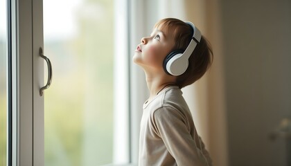 Autistic child wearing noise cancelling headphones in bright indoor home setting