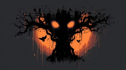 Halloween spooky tree silhouette with glowing eyes and flying birds on dark background.