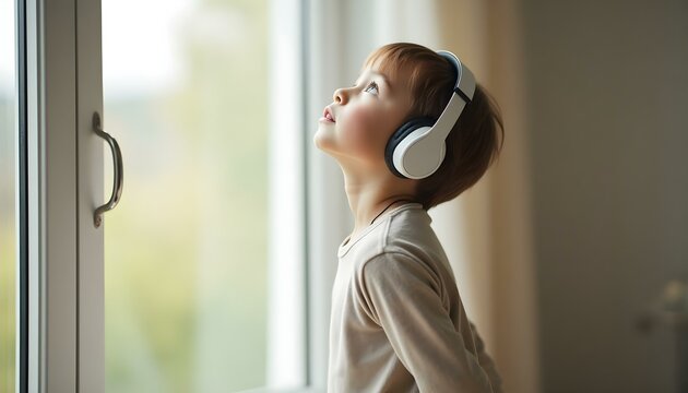 Autistic child wearing noise cancelling headphones in bright indoor home setting