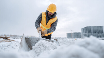 A construction worker in a bright safety vest and hard hat diligently shovels snow at a building site.  The image conveys resilience, determination, and the challenges of winter construction.