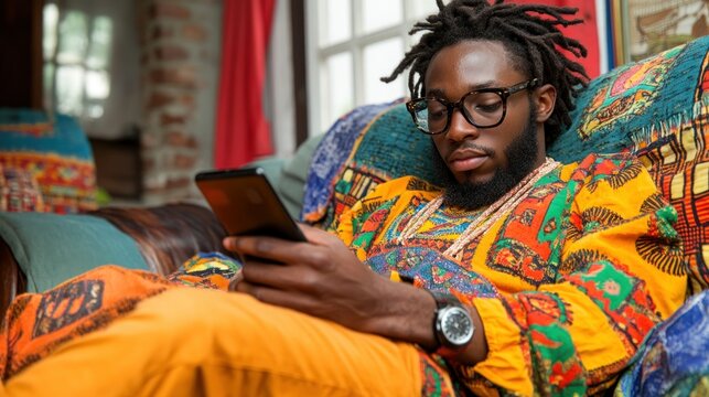 Man Relaxing on Couch Using Smartphone