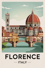 Vintage Travel Poster of Florence Cathedral and Ponte Vecchio, Italy