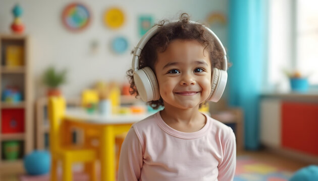 Autistic child wearing noise cancelling headphones in colorful preschool classroom
