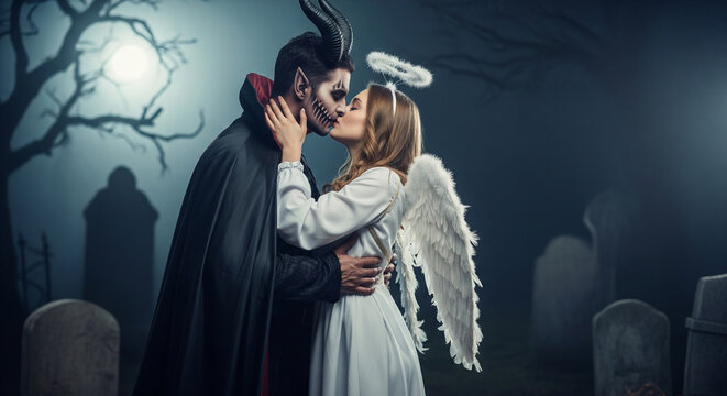Halloween costume, male demon and young female angel in revealing clothing kissing, love, party, lovers