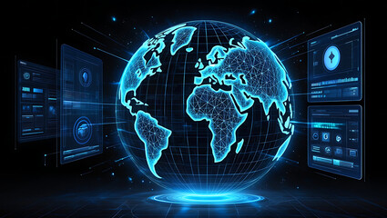 Fototapeta premium Communication technology for internet business. Global world network and telecommunication on earth cryptocurrency and blockchain and IoT., Digital earth with glowing network connections in space. 