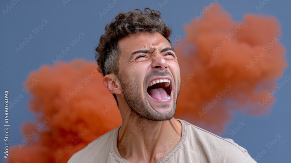 Poster man with a beard and a red cloud in the background. he is yelling. scene is angry and intense