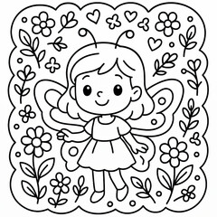 Cute Girl with Butterfly Wings in a Floral Frame