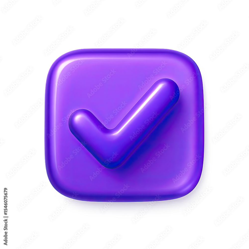 Poster glossy purple 3d check mark icon on square button