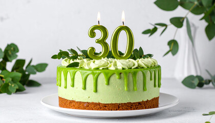 Beautiful cake with green glaze with burning candle in shape of number 30. Tasty holiday dessert.