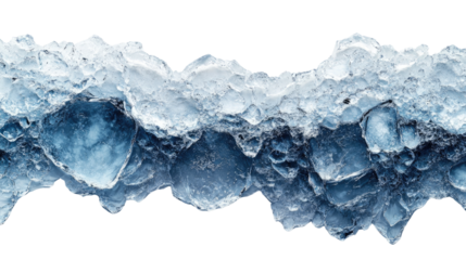 Transparent blue water splash with frozen ice cubes on a clear white background.