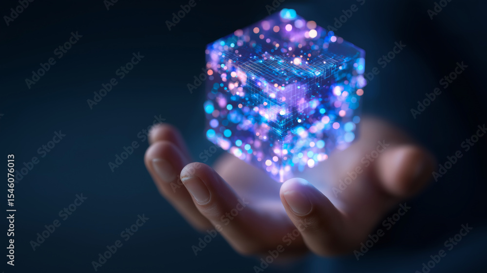 Poster ai cube and hand transforming customer data for business growth