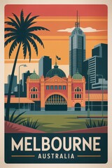 Obraz premium Vintage Travel Poster of Melbourne Skyline, Australia 
