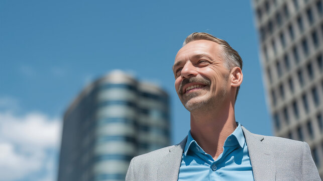 Professional silhouette against urban skyline in grey blazer and azure shirt, radiating executive confidence. Corporate aesthetic for LinkedIn banners, recruitment ads, or city promotion campaigns.