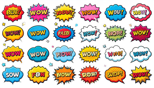 A collection of twenty-four vibrant, comic-style speech bubbles displaying various interjections and exclamations, including "Wow," "Pow," and "Hop!", with added stars for embellishment
