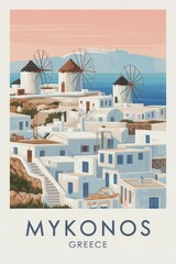 Vintage Travel Poster of Mykonos Windmills and White Houses, Greece